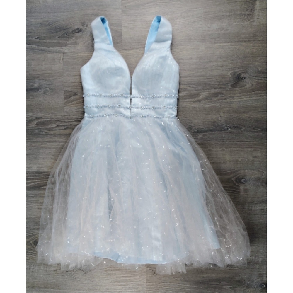 Hebeos A-line V Neck Sleeveless Short Mini Tulle Dress Beaded NO SIZE
